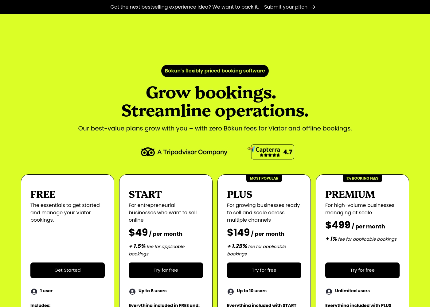 Bokun, a Tripadvisor company pricing screenshot