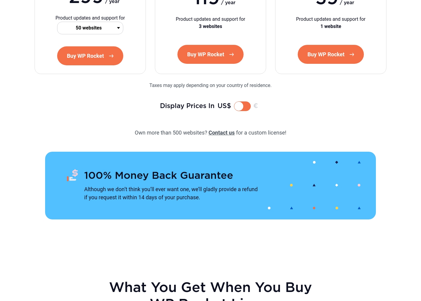 WP Rocket pricing screenshot