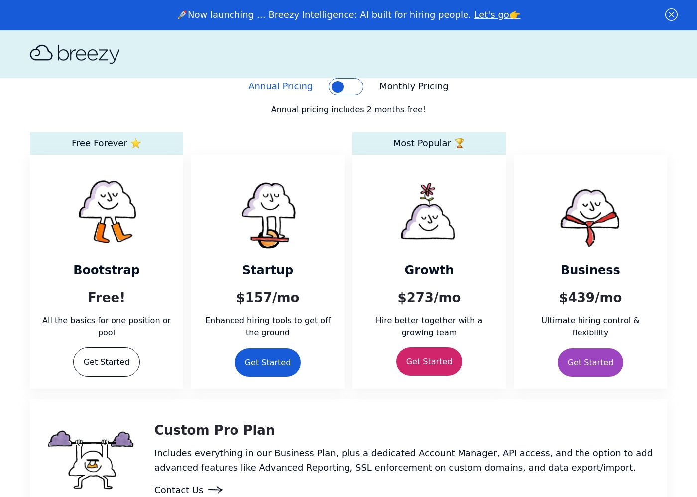 Breezy HR pricing screenshot