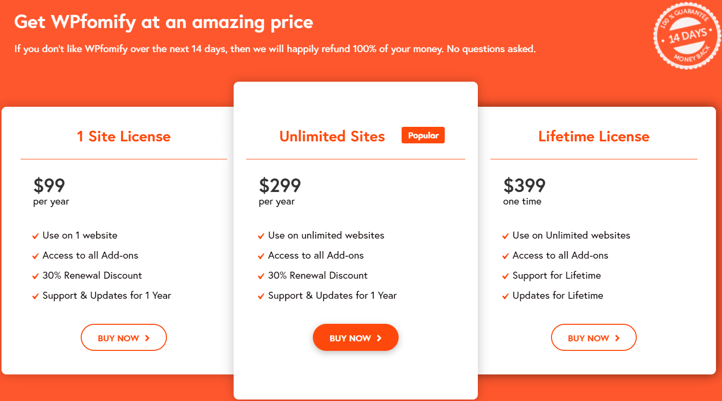 WPFomify pricing