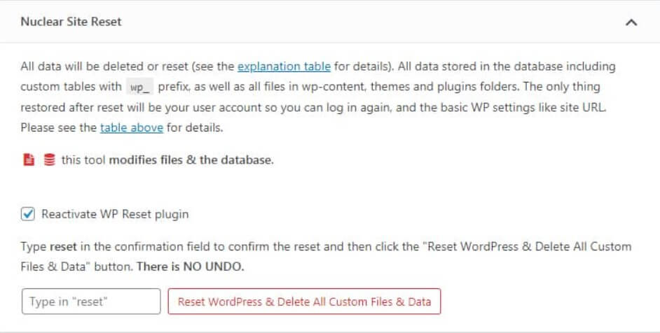 Ripristino del Sito Nucleare di WP Reset