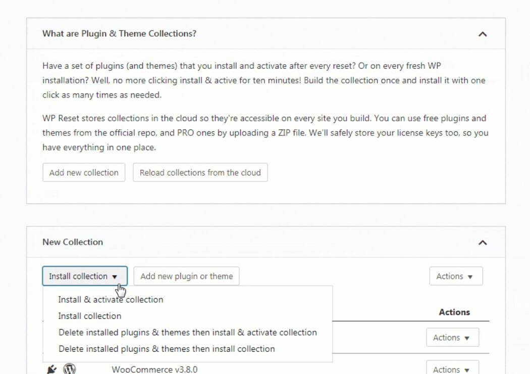 Collection de plugins et thèmes d'installation WP Reset