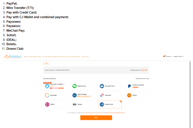 گزینه‌های پرداخت CJDropshipping