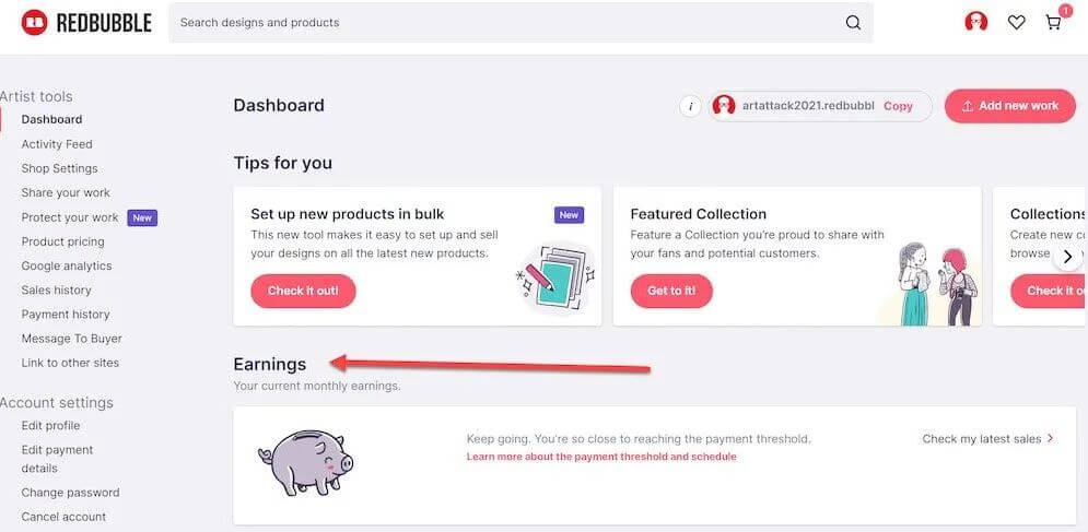 RedBubble dashboard