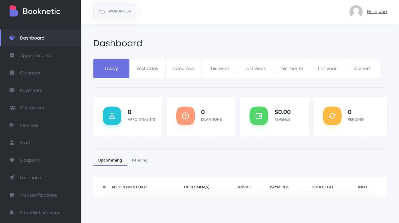 Dashboard Booknetic