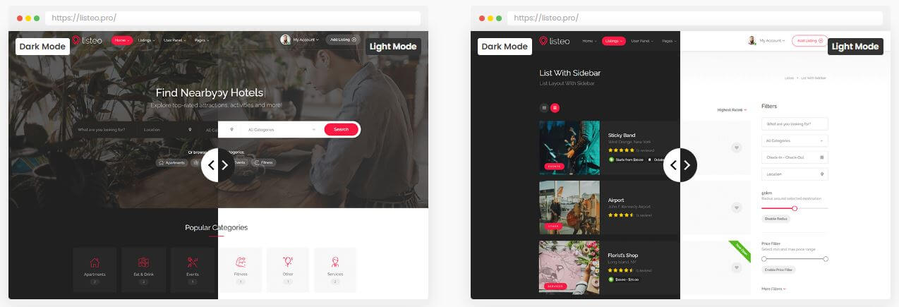 Listeo light and dark mode