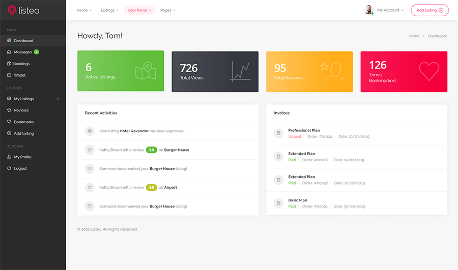 Listeo user dashboard