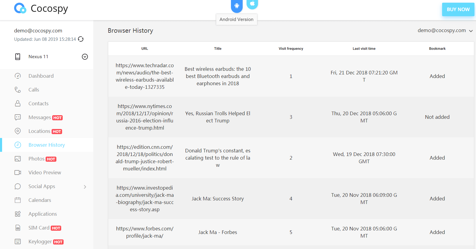 historial de navegación de Cocospy