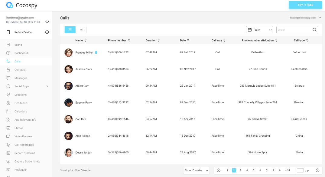 Cocospy monitor połączeń