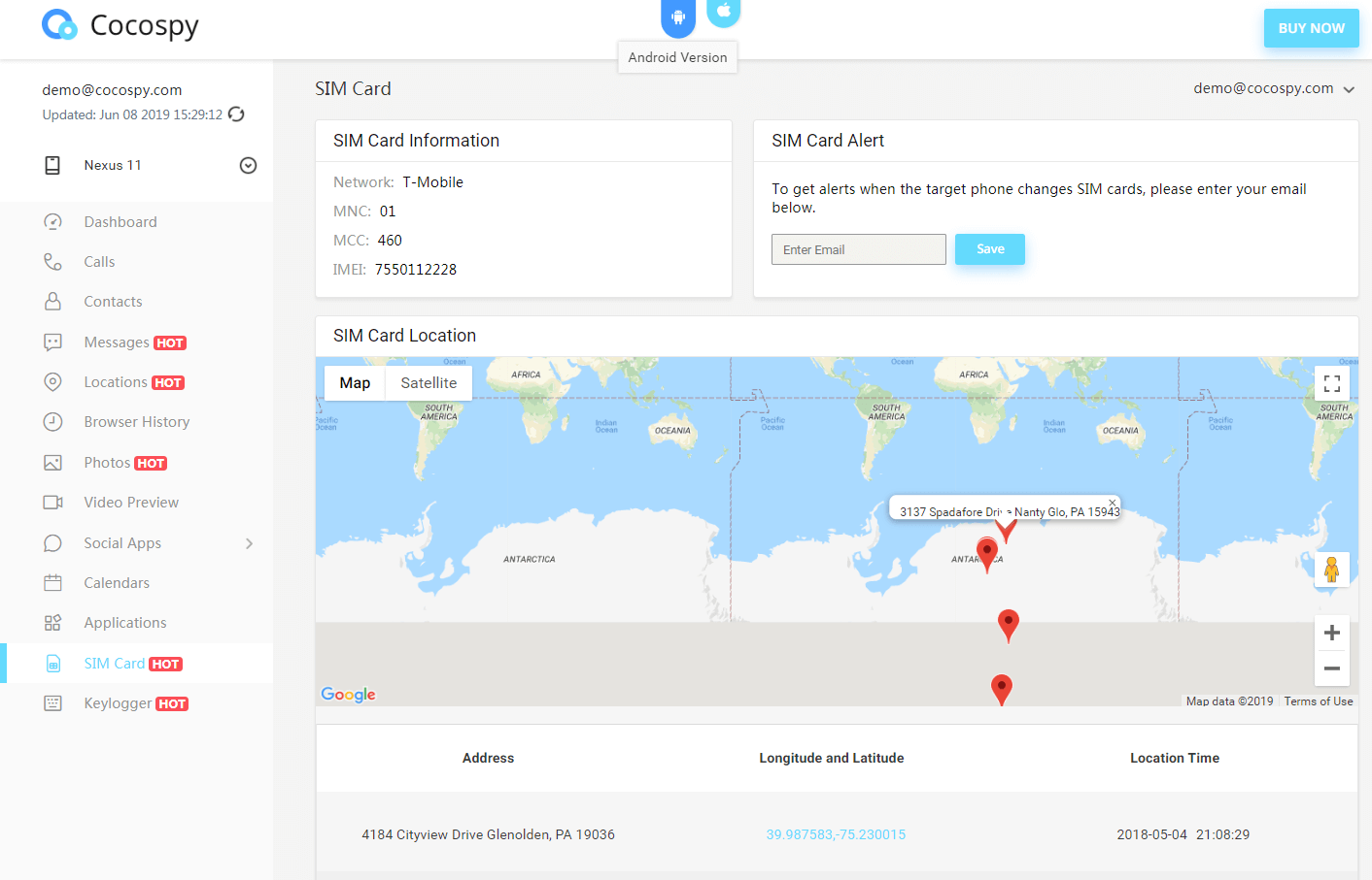 Emplacement de la carte SIM Cocospy